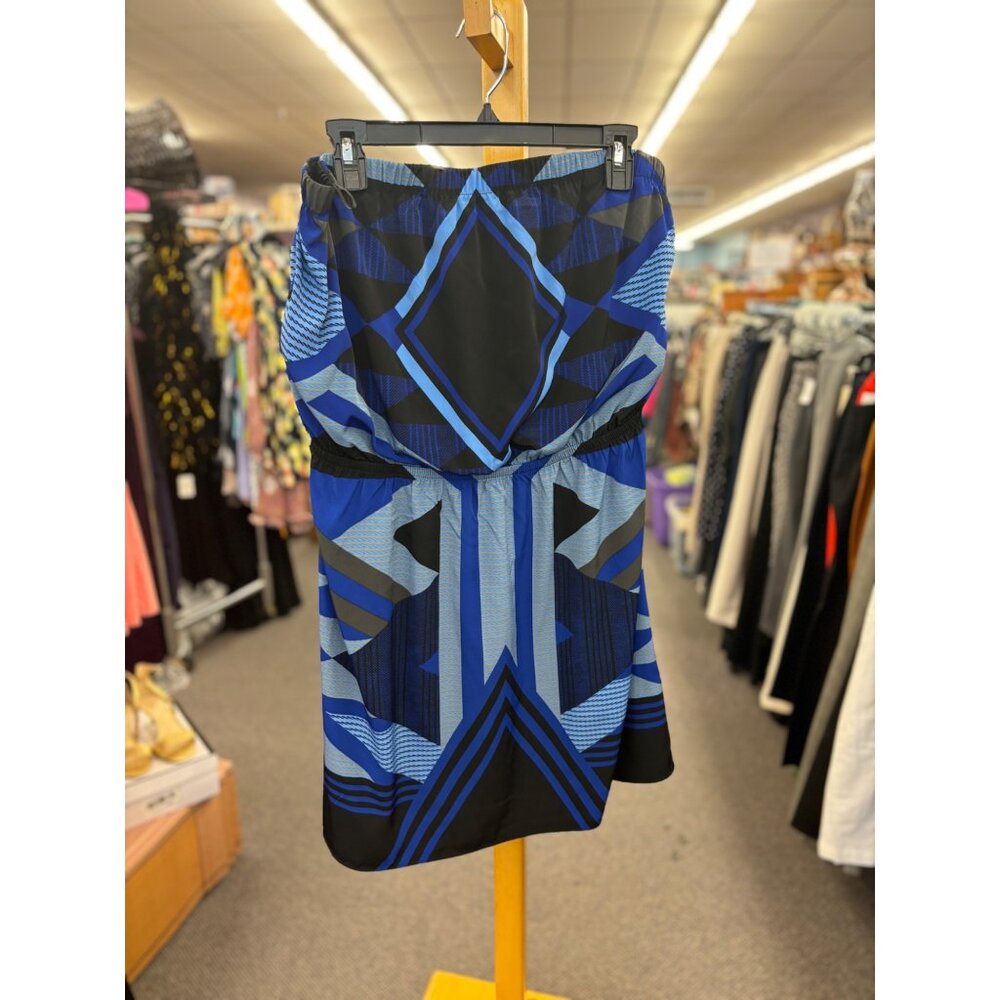 🛍️ Express Womens Strapless Blue/Black Geometric Print Dress Size L